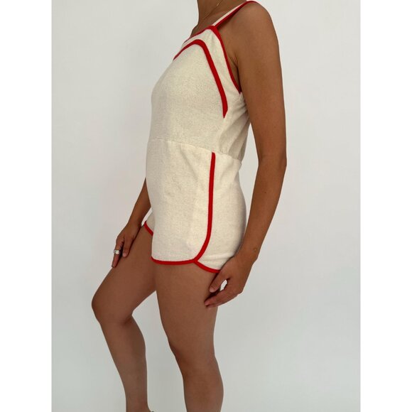 60s 70s vintage red cream ringer terry cloth mini romper shorts playsuit small - Picture 3 of 10